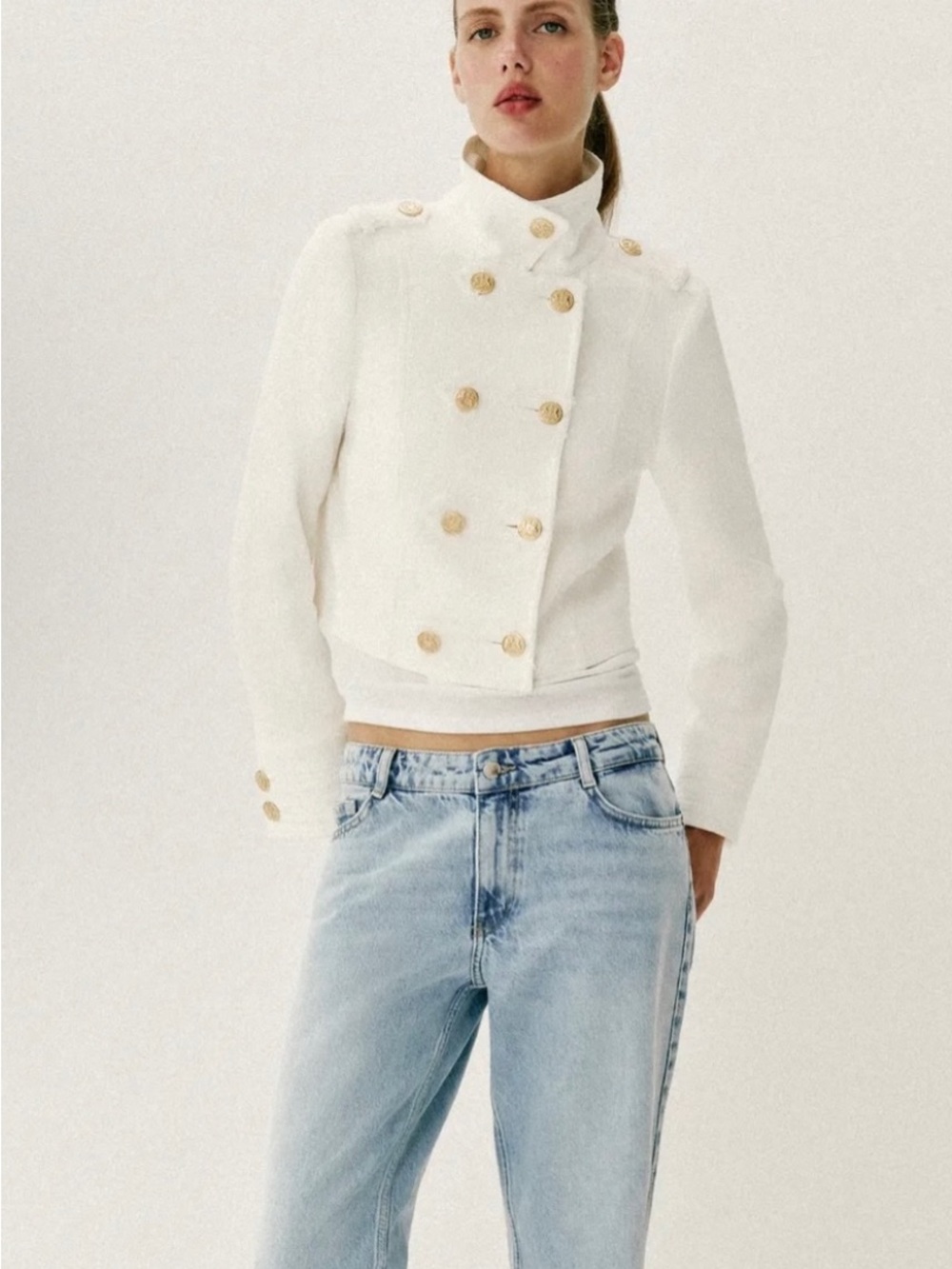 NWT Zara White Double-Breasted Military Blazer with Gold Buttons